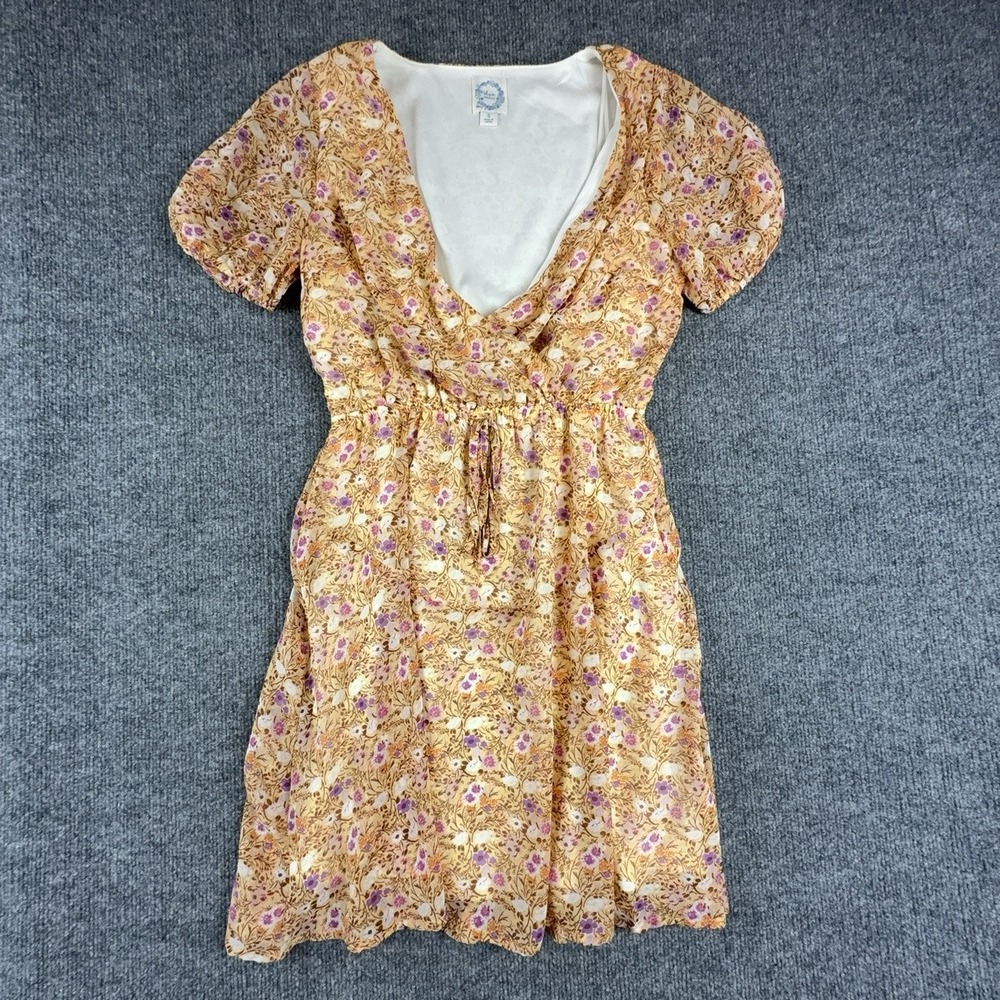 Blue Rain Lidia Yellow Floral V Neck Puff Sleeve Lined Mini Dress Womens Small